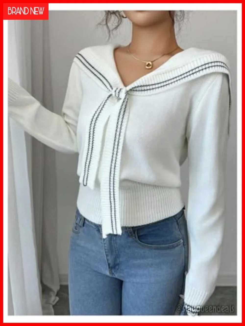 Striped Collared V Neck Sweater Long Sleeve Cinched Waist Knitted Pullover